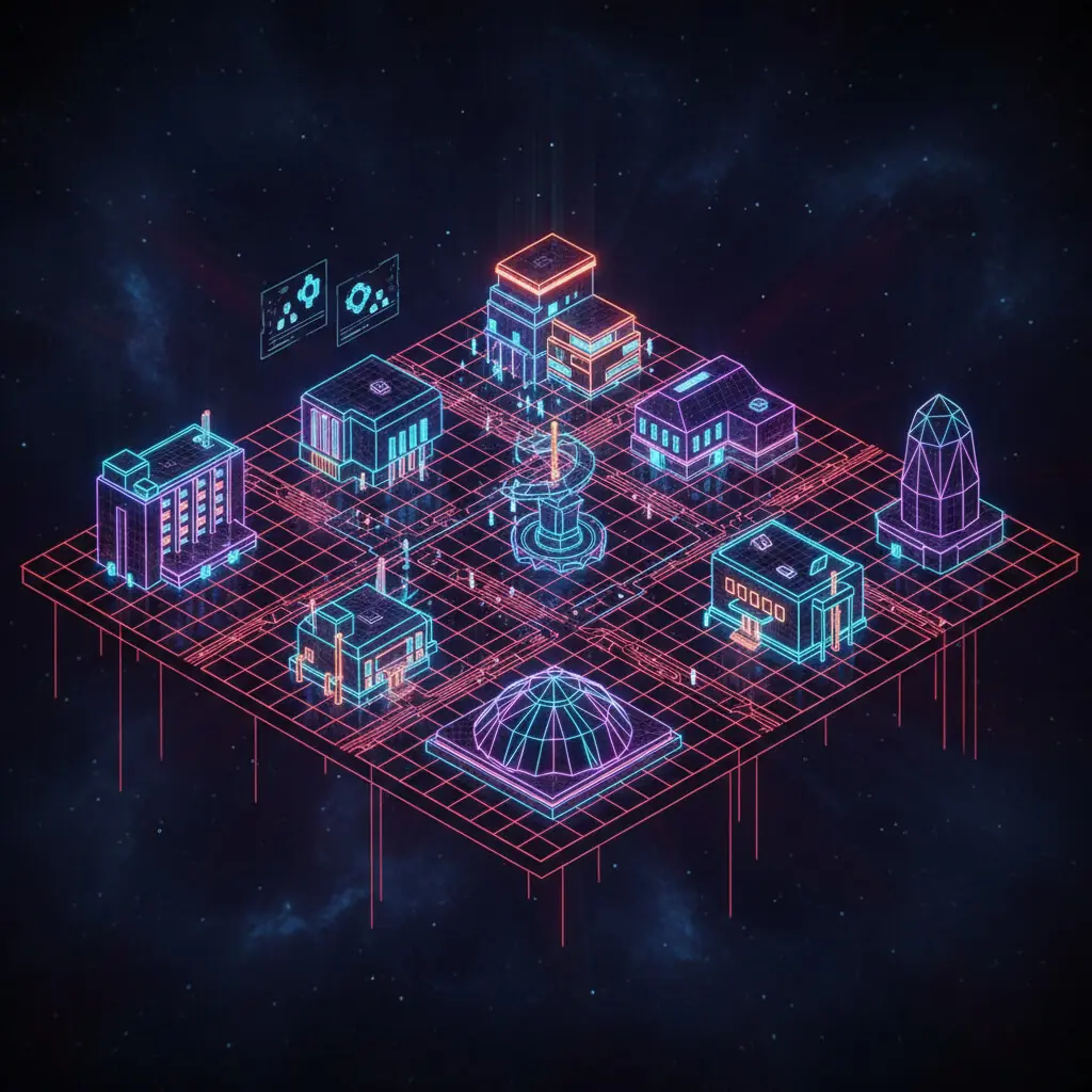 Isometric neon render of the Campus Colony: science, commerce, and social sectors on a glowing grid platform