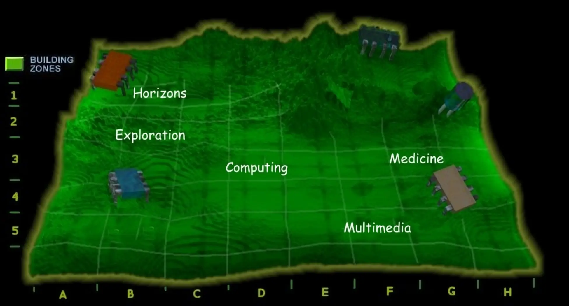 Historical Cybertown isometric colony zone map, restored and upscaled from the archive