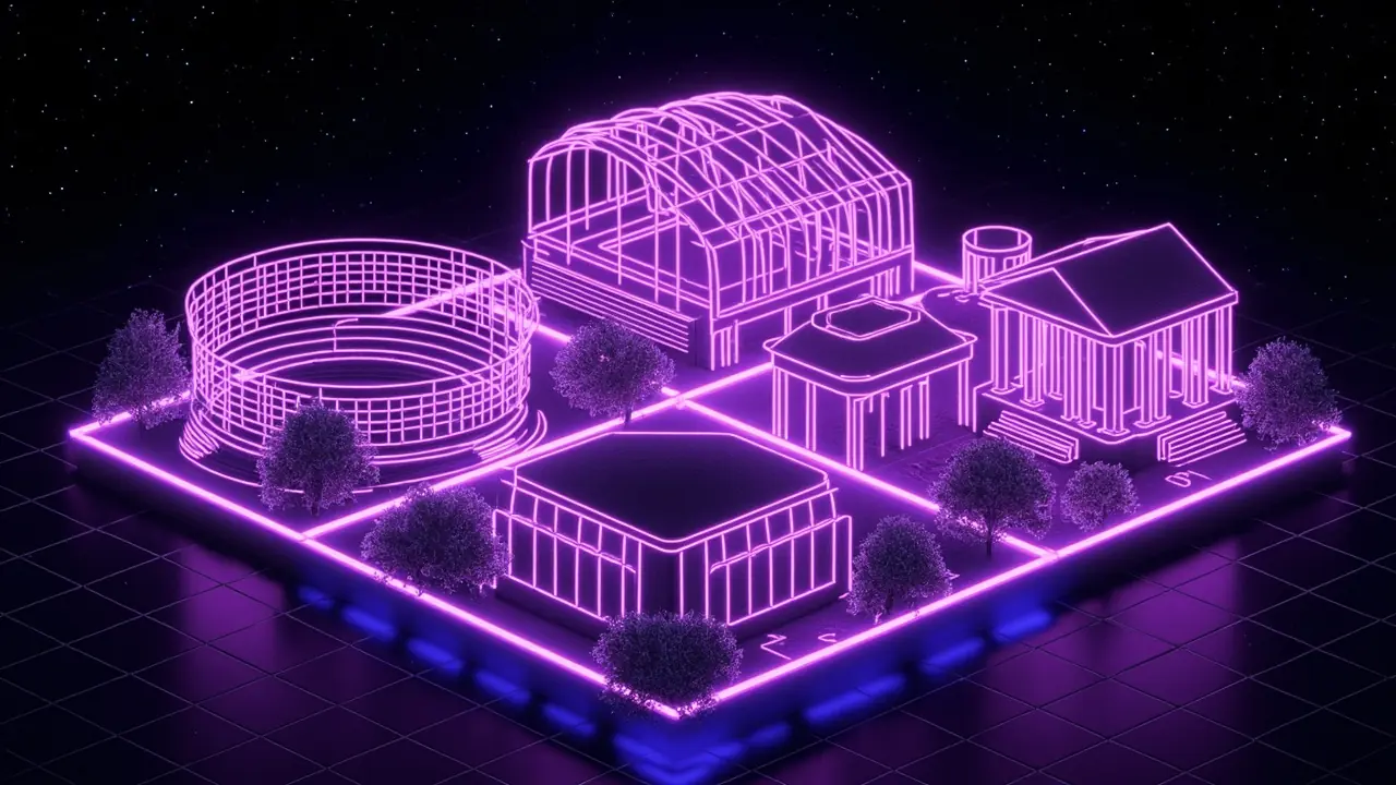Neon violet isometric render of the Liberal Arts district: library, amphitheatre and columned halls on a glowing grid.