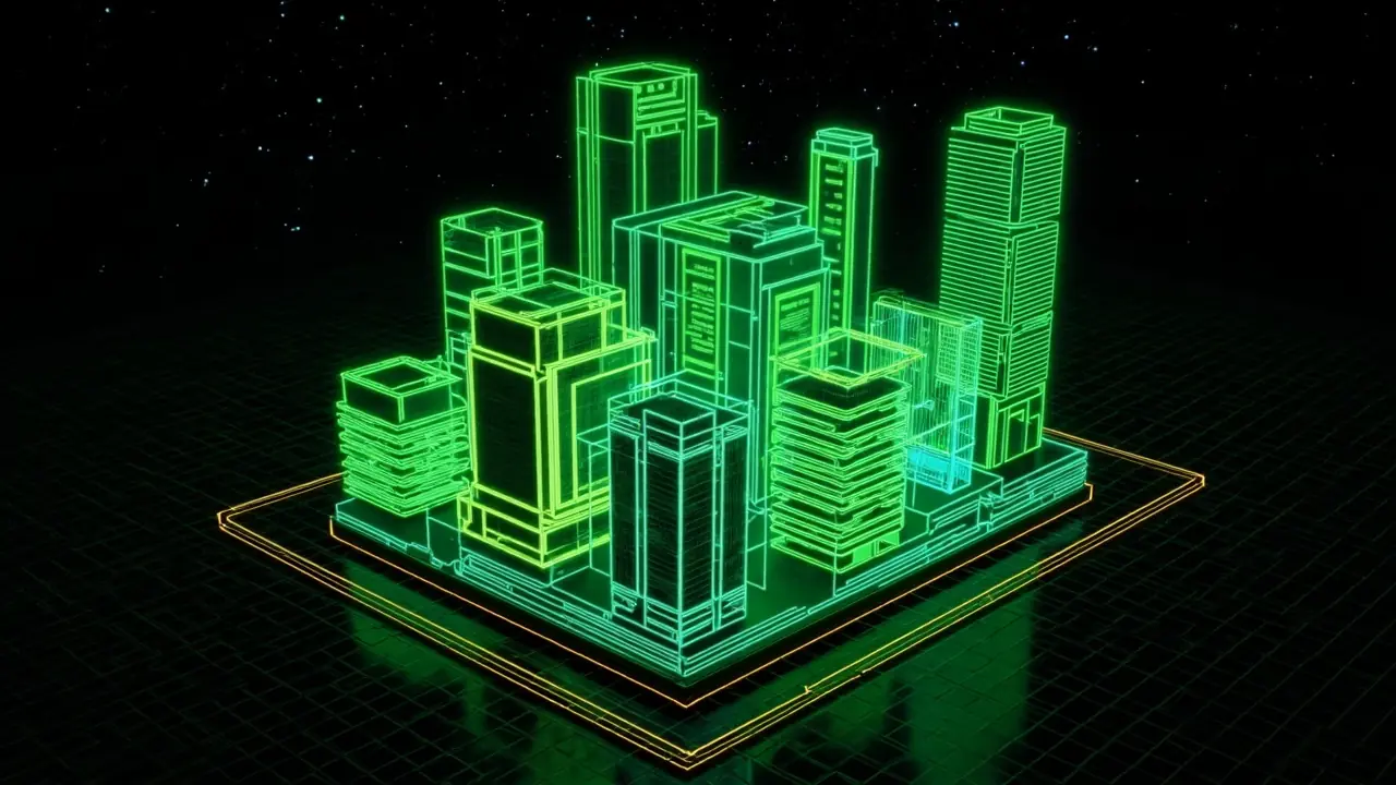 Neon lime isometric render of the Business & Technology district: skyscrapers and towers on a glowing grid platform.