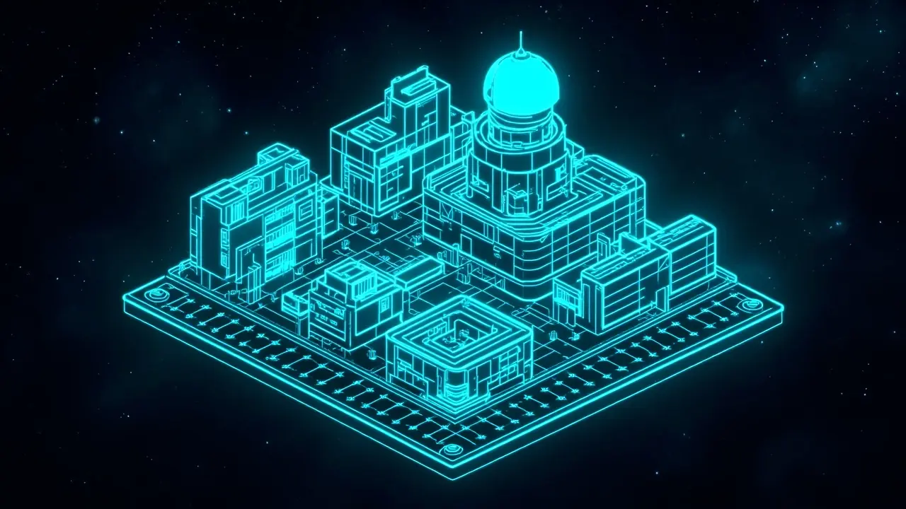 Neon cyan isometric render of the Math & Science district: academic buildings and a domed observatory on a glowing grid.