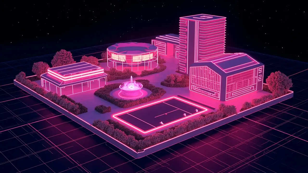 Neon magenta isometric render of the Social & Recreation district: plaza, fountain, sports court and dorm on a glowing grid.