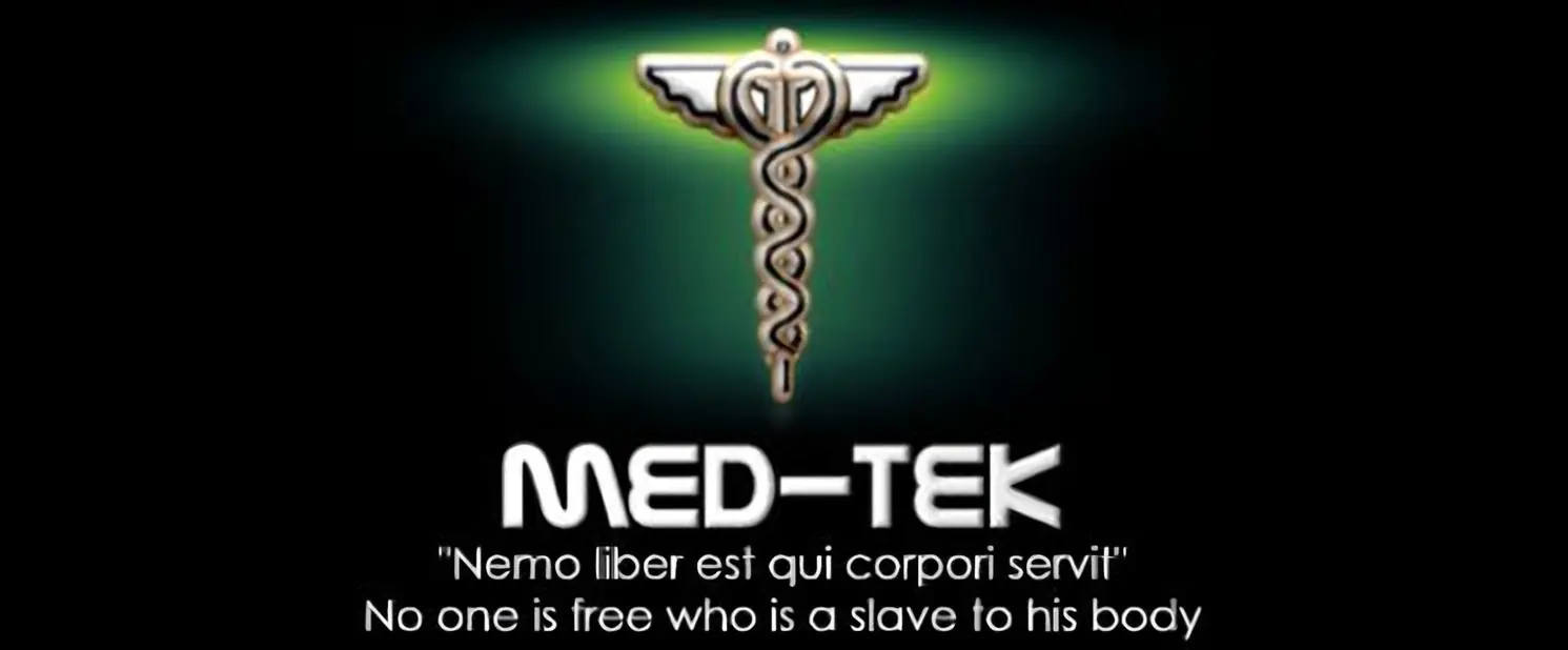 Cybertown Med-Tek caduceus banner, restored and upscaled